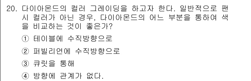 보석감정사(기능사) 2015년 20번 - 다이아몬드의 컬러 그레이딩에서 일반적으로 팬시 컬러가 아닐 경우, 다이아... 에 관한 핵심 기출문제