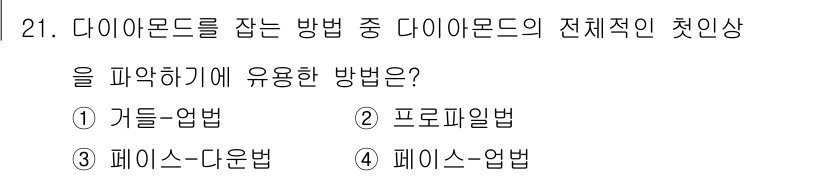 보석감정사(기능사) 2015년 21번 - . 프로파일법

프로파일법은 다이아몬드의 전체적인 형태와 크기를 기준으로... 에 관한 핵심 기출문제