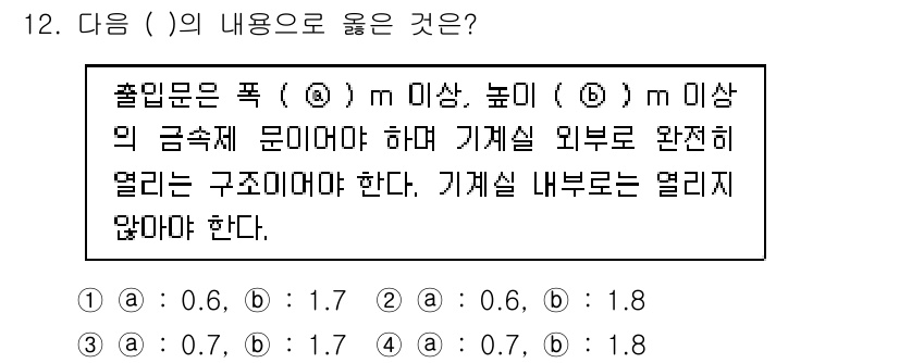 승강기산업기사 2016년 12번 - 출입문은 기계실 외부와 완전히 개방되도록 설계되어야 하며, 높이와 폭의 ... 에 관한 핵심 기출문제