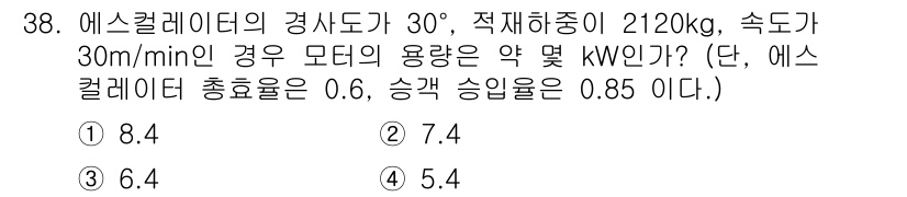 승강기산업기사 2016년 38번 - 모터의 용량을 구하기 위해서는 필요한 승강기 성능을 계산해야 합니다. 에... 에 관한 핵심 기출문제