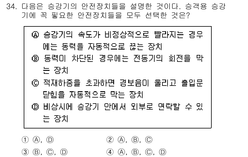 승강기산업기사 2017년 34번 - 주어진 문제에서 승강기 안전 장치들은 각각 특정한 기능을 가지고 있습니다... 에 관한 핵심 기출문제