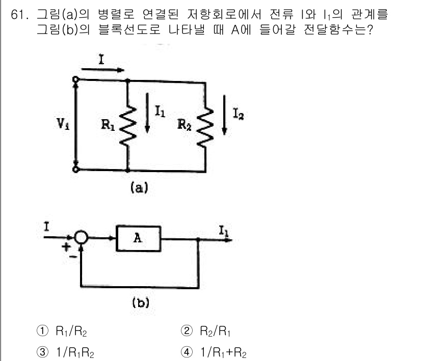 승강기산업기사 2017년 61번 - 주어진 회로에서 전류 \(I_1\)은 저항 \(R_1\)과 \(R_2\)... 에 관한 핵심 기출문제