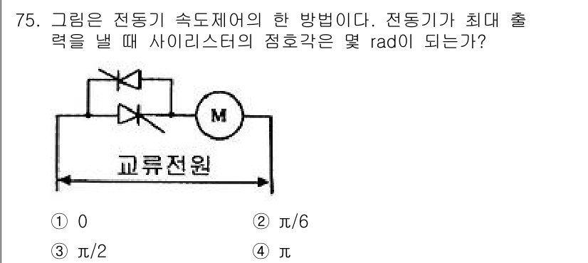 승강기산업기사 2017년 75번 - 정답인 이유는 전동기의 최대 출력이 발생할 때 사이리스터의 정효각이 0이... 에 관한 핵심 기출문제