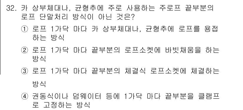 승강기산업기사 2018년 32번 - 주로 사용되는 로프 단말처리 방식 중에서 3번 방식은 로프의 본체와 매치... 에 관한 핵심 기출문제