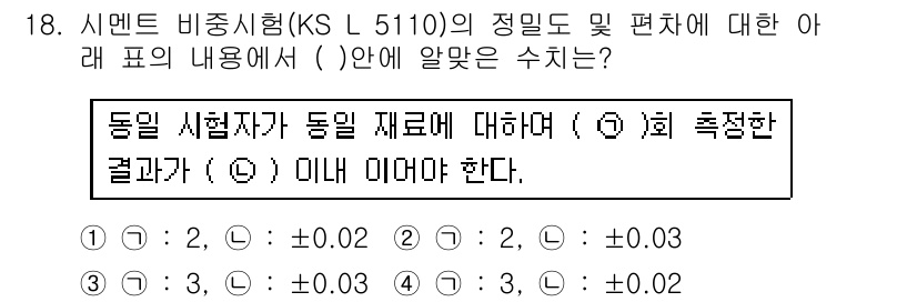 콘크리트산업기사 2015년 20번 - 정답은 4번이다. 시험편차에서 "±0.02"는 동일 시험자가 동일 재료에... 에 관한 핵심 기출문제