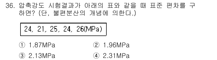 콘크리트산업기사 2015년 38번 - 정답은 3번 2.13MPa입니다. 압축강도 값의 평균을 구한 후, 표준편... 에 관한 핵심 기출문제