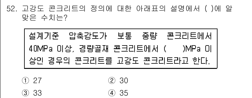 콘크리트산업기사 2015년 54번 - 고강도 콘크리트는 압축강도가 40MPa 이상인 콘크리트를 의미하며, 일반... 에 관한 핵심 기출문제