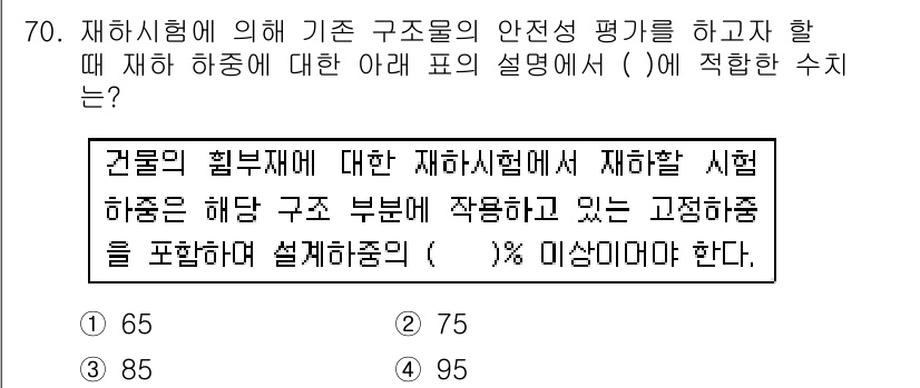 콘크리트산업기사 2015년 72번 - 해당 문제에서 구조물의 안전성 평가를 위한 재하의 종류와 그 비율을 묻고... 에 관한 핵심 기출문제