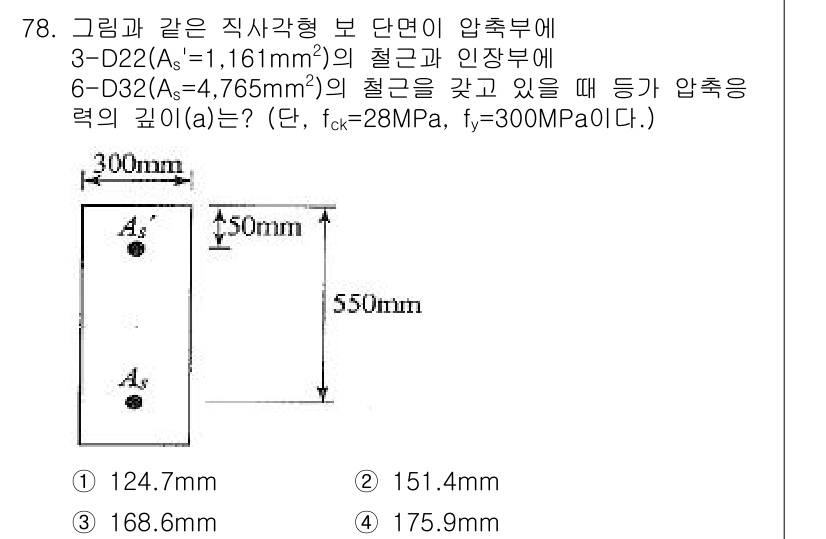 콘크리트산업기사 2015년 80번 - 주어진 문제에서 주철근의 단면적과 압축력을 고려하여 적절한 압축 깊이를 ... 에 관한 핵심 기출문제