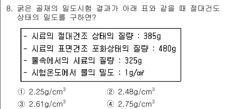 콘크리트산업기사 2017년 10번 - 문제에서 제시된 시료의 밀도 상태를 고려하면, 시료의 양과 질량을 통해 ... 에 관한 핵심 기출문제