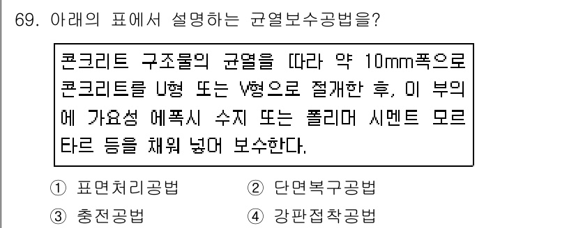 콘크리트산업기사 2017년 71번 - 정답 3은 콘크리트 구조물의 균열 예방을 위해 에폭시 수지를 사용해 보수... 에 관한 핵심 기출문제