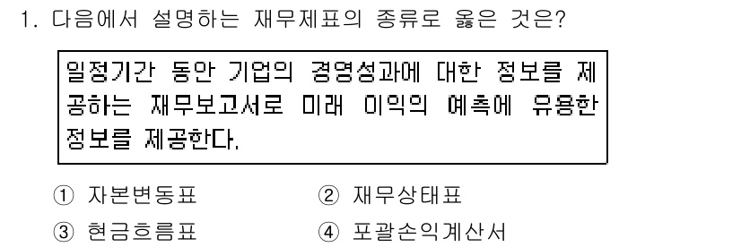 전산회계운용사_3급 2015년 1번 - 재무제표는 기업의 경영성과와 재무 상태를 나타내며, 이는 미래 예측에 필... 에 관한 핵심 기출문제
