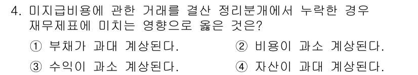 전산회계운용사_3급 2015년 4번 - . 자산이 과대 개산된다.

해설: 미지급비용은 발생했지만 아직 지출되지... 에 관한 핵심 기출문제