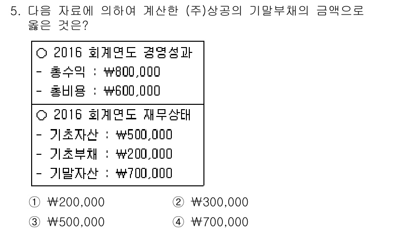 전산회계운용사_3급 2016년 5번 - 정답은 3번 \(¥700,000\)입니다. 기말부채는 기초부채에 해당 연... 에 관한 핵심 기출문제