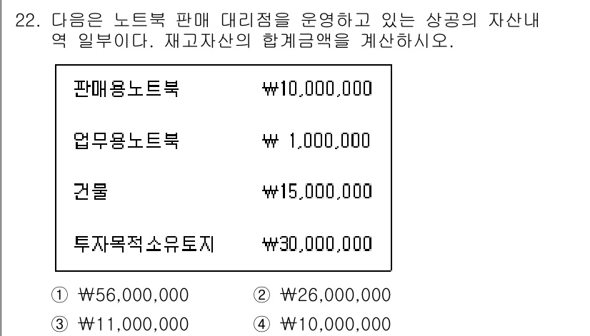전산회계운용사_3급 2017년 22번 - 재고자산의 합계는 판매용 노트북, 업무용 노트북, 건물, 투자목적소유토지... 에 관한 핵심 기출문제
