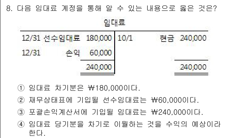 전산회계운용사_3급 2017년 8번 - 임대료 차기분은 180,000원이므로, 이 금액은 다음 회계 기간에 발생... 에 관한 핵심 기출문제