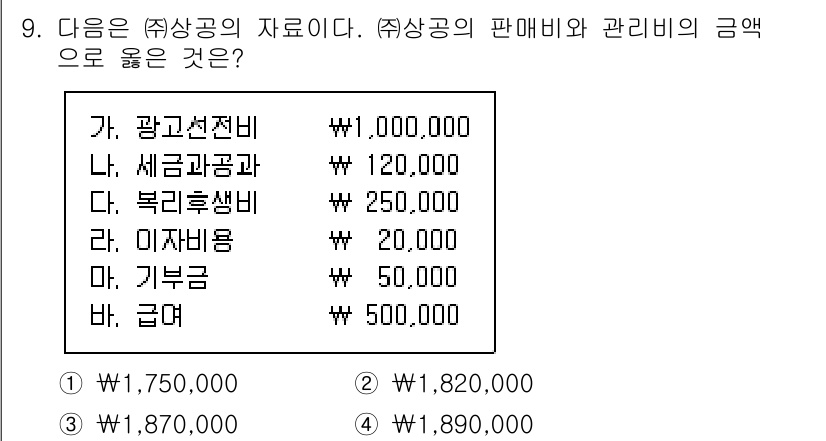 전산회계운용사_3급 2017년 9번 - 판매비와 관리비의 총액은 광고선전비, 세금과공과, 복리후생비, 이자비용,... 에 관한 핵심 기출문제