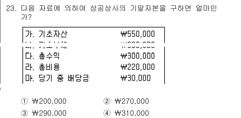 전산회계운용사_3급 2018년 23번 - 기말자본은 자산에서 부채를 차감하여 계산합니다. 주어진 자료에서 부채가 ... 에 관한 핵심 기출문제