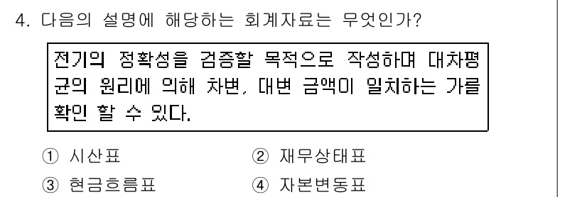 전산회계운용사_3급 2018년 4번 - . 

전기 시의 재무상태를 검토하여 대차평균 원리에 의해 차변과 대변의... 에 관한 핵심 기출문제