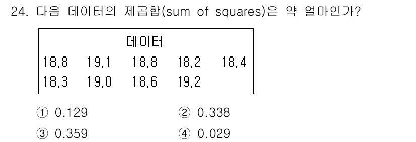 자동차정비기능장 2018년 24번 - 제곱합(sum of squares)은 데이터의 각 값에서 평균을 빼고 제... 에 관한 핵심 기출문제