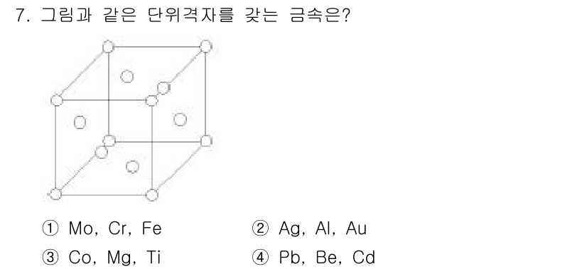 자기비파괴검사산업기사(구) 2015년 7번 - 해당 그림은 체심 입방격자(BCC) 구조를 나타내며, 이는 Mo(몰리브데... 에 관한 핵심 기출문제