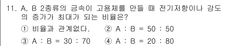 자기비파괴검사산업기사(구) 2018년 11번 - A와 B 두 금속의 비율이 고용체를 형성할 때, 전기저항이 최대가 되는 ... 에 관한 핵심 기출문제