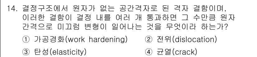 자기비파괴검사산업기사 2018년 14번 - . 

결정구조에서 원자가 없는 공간격자가 형성되면, 이는 결정 내에서 ... 에 관한 핵심 기출문제