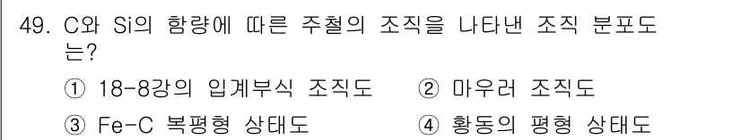 사출(프레스)금형설계기사 2015년 49번 - 정답은 2번 마우라 조직도입니다. C와 Si의 함량에 따라 조직의 복잡성... 에 관한 핵심 기출문제