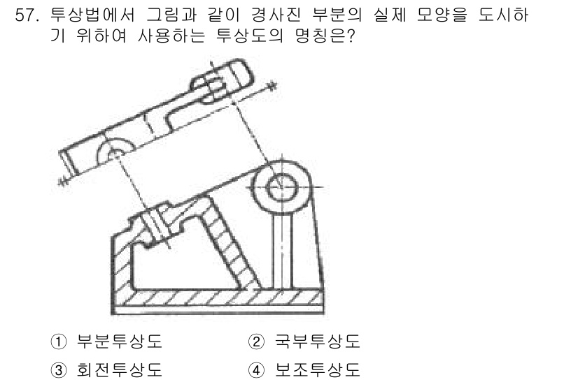 금형기능사 2015년 57번 - 정답은 2. 국부투상도입니다. 국부투상도는 특정 부분의 자세한 형태와 치... 에 관한 핵심 기출문제
