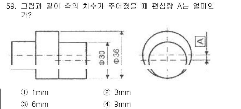 금형기능사 2015년 59번 - 정답은 3mm입니다. 주어진 도면에서 편심량 A는 두 원의 중심 간 거리... 에 관한 핵심 기출문제
