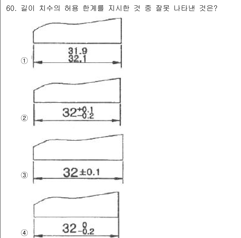 금형기능사 2015년 60번 - 정답은 4번이다. 4번의 치수는 허용 한계가 동일한 길이의 치수와 다르며... 에 관한 핵심 기출문제