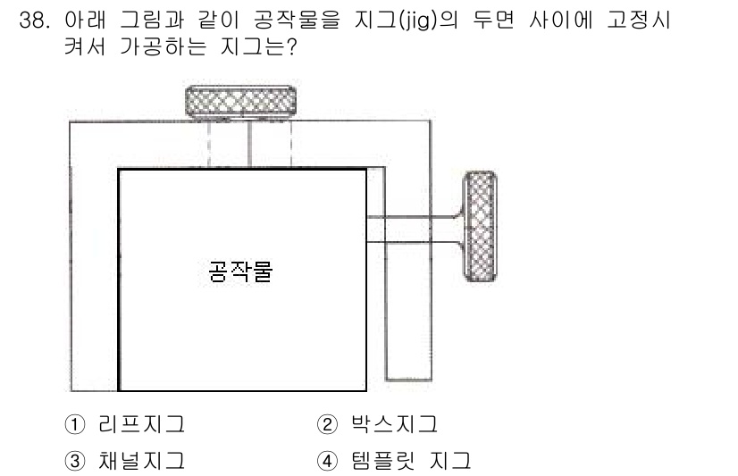 금형기능사 2016년 38번 - 주어진 그림은 공작물이 지그의 두 면에 고정되어 있는 구조를 보여줍니다.... 에 관한 핵심 기출문제