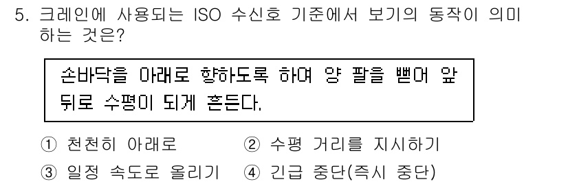 컨테이너크레인운전기능사 2016년 5번 - . 

ISO 신호 기준에서 "손바닥을 아래로 향하도록 하며 양 팔을 펴... 에 관한 핵심 기출문제