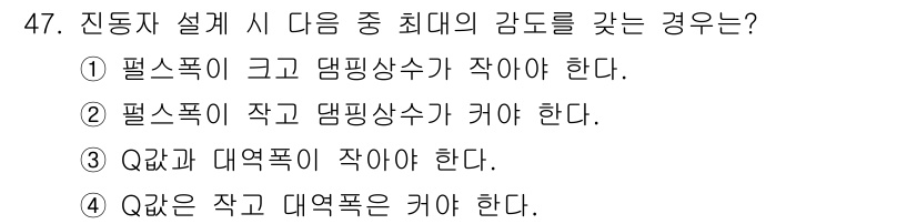 초음파비파괴검사산업기사(구) 2016년 47번 - 진동자 설계 시 최대의 감도를 갖기 위해서는 필드의 크기와 댐핑 상수가 ... 에 관한 핵심 기출문제