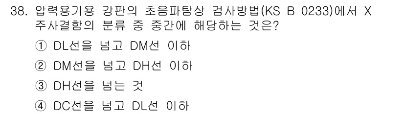 초음파비파괴검사산업기사 2016년 38번 - X주기결함의 분류에서 DM선이란 초음파 검사에서 그레이드(M)와 결함 간... 에 관한 핵심 기출문제