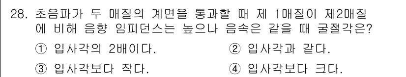 초음파비파괴검사산업기사(구) 2017년 28번 - 초음파가 두 매질의 계면을 통과할 때, 제1 매질에 비해 제2 매질의 음... 에 관한 핵심 기출문제
