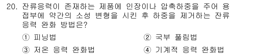 초음파비파괴검사산업기사 2017년 20번 - . 기계적 응력 완화법

기계적 응력 완화법은 재료 내의 잔류 응력을 줄... 에 관한 핵심 기출문제