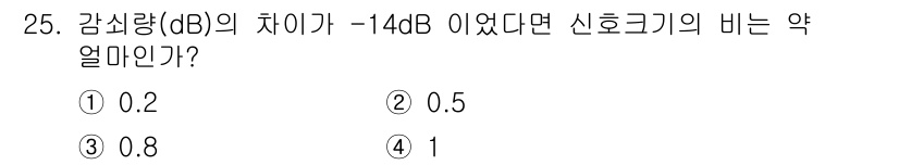 초음파비파괴검사산업기사 2017년 25번 - 감산량(dB)의 차이가 -14dB인 경우, 신호대잡음비(SNR)는 10의... 에 관한 핵심 기출문제