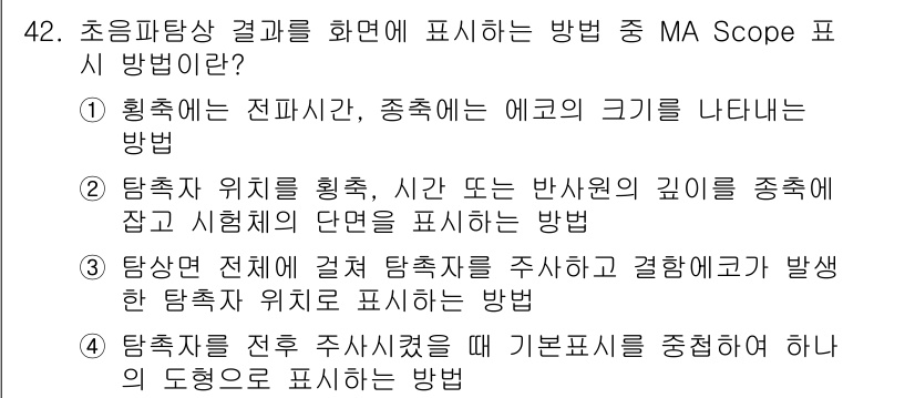 초음파비파괴검사산업기사 2018년 42번 - MA Scope 방식은 탐지 위치와 시간 또는 반사된 깊이를 종합적으로 ... 에 관한 핵심 기출문제