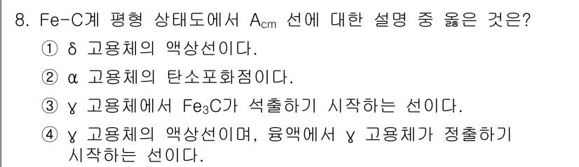 초음파비파괴검사산업기사 2018년 8번 - Fe-C 평형 상태도에서 γ 고용체의 엑사선이온화가 발생하면, γ 고용체... 에 관한 핵심 기출문제
