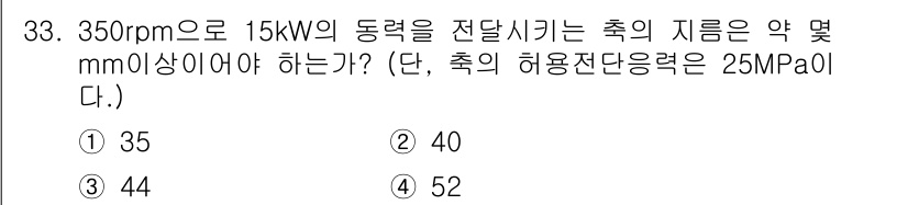기계조립산업기사 2016년 33번 - 주어진 문제는 동력과 회전수, 허용 전단응력 등을 이용해 휠의 지름을 계... 에 관한 핵심 기출문제
