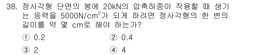기계조립산업기사 2016년 38번 - 정사각형 단면의 면적은 압력과 힘의 관계를 통해 계산할 수 있으며, 압력... 에 관한 핵심 기출문제