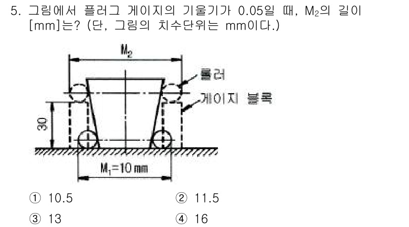 기계조립산업기사 2017년 5번 - M₂의 길이는 플러그 게이지의 기울기를 고려하여 계산해야 합니다. 기울기... 에 관한 핵심 기출문제