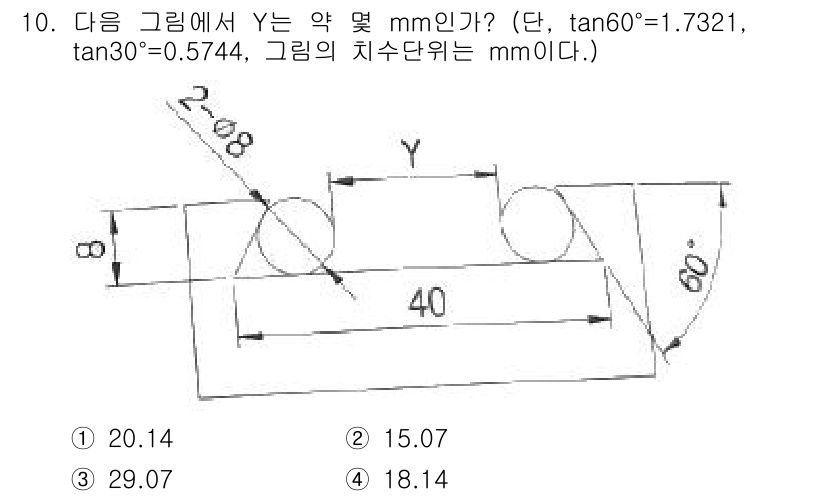 기계조립산업기사 2018년 10번 - Y를 구하기 위해 직각 삼각형의 정의를 이용합니다. 주어진 치수와 탄젠트... 에 관한 핵심 기출문제