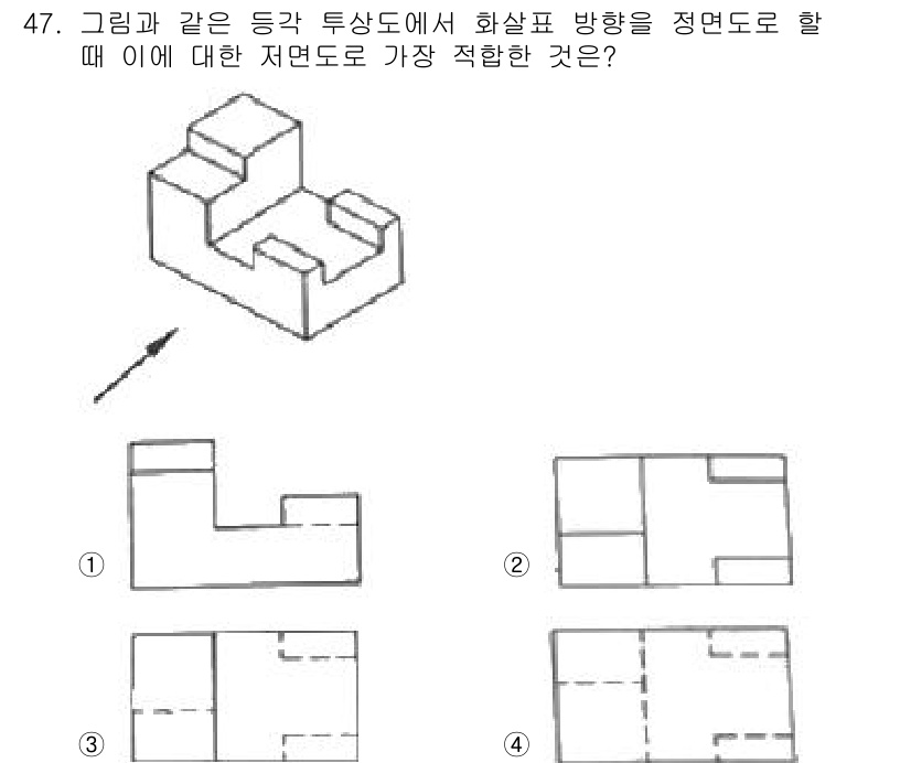 기계조립산업기사 2018년 49번 - 이 문제는 주어진 형태를 저면에서 볼 때의 모습을 묘사하는 것입니다. 저... 에 관한 핵심 기출문제