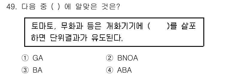 종자산업기사 2015년 49번 - . 

정답인 이유는 GA(겔리코박터)라는 식물 호르몬이 토마토, 무화과... 에 관한 핵심 기출문제