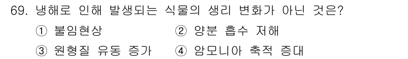 종자산업기사 2015년 69번 - 정답은 5번, "암모니아 축적 증가"입니다. 이는 냉해나 다른 환경적 요... 에 관한 핵심 기출문제