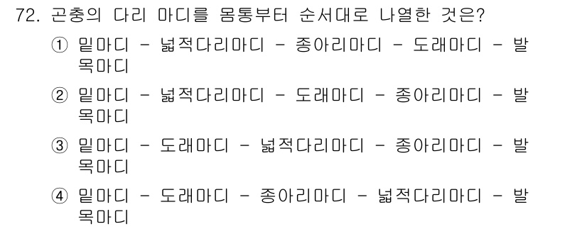 종자산업기사 2016년 72번 - 정답인 이유: 곤충의 다리는 일반적으로 3쌍으로 구성되어 있으며, 각 쌍... 에 관한 핵심 기출문제