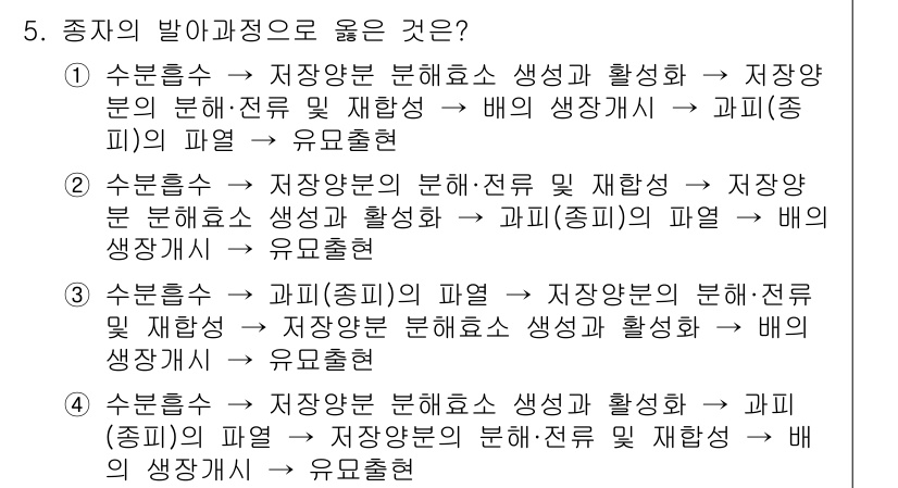 종자산업기사 2017년 5번 - 이 선택지는 종자의 발아와 성장 과정에서 필요한 모든 단계를 적절히 나타... 에 관한 핵심 기출문제