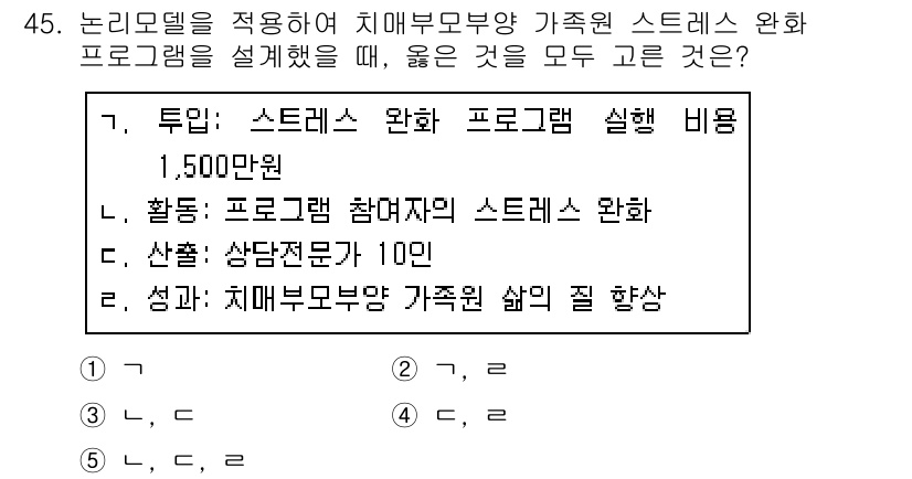 사회복지사_1급(3교시)(구) 2019년 45번 - 정답 2번은 스트레스 완화 프로그램의 비용을 고려할 때, 적정한 재정 지... 에 관한 핵심 기출문제